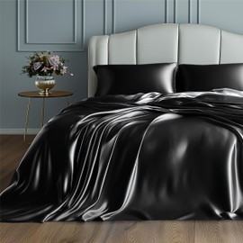 Bedsure Satin Sheets - Full Sheet Set, 4 Pcs Full Bed Sheets, Similar to Silk Sheets, Bed Sheets Full Size for Hair and Skin, Gifts for Women (Black, Full)