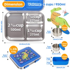 YOYTOO Stainless Steel Bento Box Kids, 32oz/950ml BPA-Free Leak-Proof Lunch Box, 3-Compartment with 3 Food Containers, Freezer & Dishwasher Safe, Size for Ages 6-15 Back to School Students Lunches