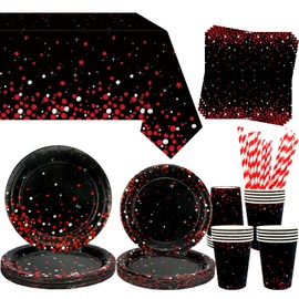 Obussgar Red Black Party Decoration - Red Black Birthday Party Tableware Supplies Includes Plates, Cups, Napkins, Tablecloth, Straws - Serves 20