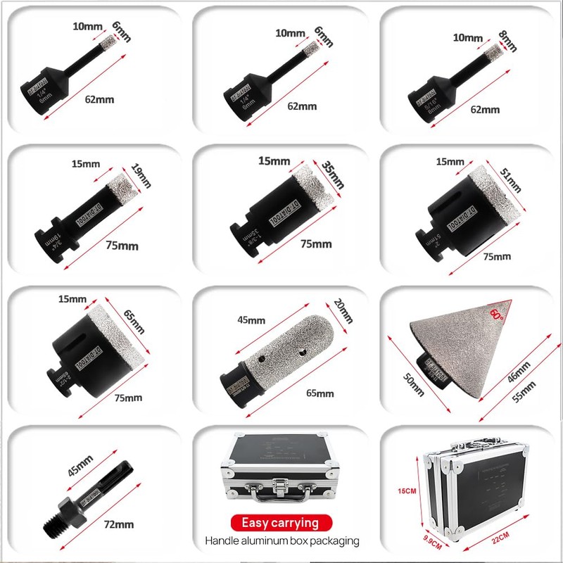 Diamond Tile Hole Saw Kit 10-Pack, DT-DIATOOL Diamond Core Drill