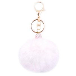 jtkdxqs Soft Pom Pom Keychain Artificial Rabbit Fur Plush Fluffy Ball Key Ring with Shiny Crystal for Women,white