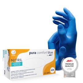 AMPri Nitrile Gloves, Blue, Pack of 100, Size XL, Powder-Free, Puracomfort Blue: Nitrile Disposable Gloves in Sizes XS, S, M, L, XL, XXL