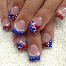 4th of July Press on Nails Medium Square Fake Nails French Tip False Nails American Flag Acrylic Nails Blue Red Glitter Glue on Nails Stick on Nails for Women Independence Day Manicure 24Pcs