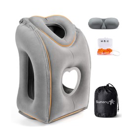 Sunany Travel Pillow, Upgraded Plane Pillow for Long Flights, Inflatable Neck Pillow Used for Airplanes,Cars,Buses,Trains,Office Napping with Eye Mask,Earplugs (Gray)