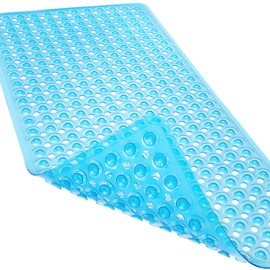 Linoows Non-Slip Bathtub and Shower Mats, Power Grip Bath Mat 35 x 16.3 Inch with Suction Cups and Drain Holes for Tub Bathroom Floor Safety, Machine Washable Soft Bathmat, Clear Blue