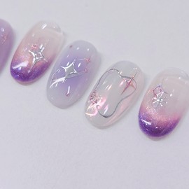 Purple Stella Handmade Nail Tips - Coffin Midi / 퍼플스텔라 수제네일팁 - 코핀미디