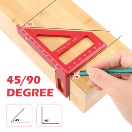 Pilarmuture 3D Multi-Angle Measuring Ruler, Aluminum Alloy, Red, 11.2 x 7.9 cm, 45/90 Degree, Clear Scales, Woodworking Square Protractor, Miter Triangle Ruler