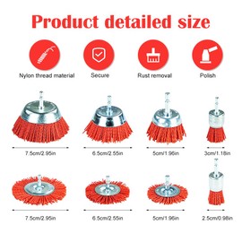 8-Piece Nylon Sanding Brush Set with 1/4 Inch Hex Shank, Nylon Brushes for Drill and Cordless Screwdriver in 8 Sizes, for Removing Rust, Paint, Corrosion and Surface Cleaning Grinding