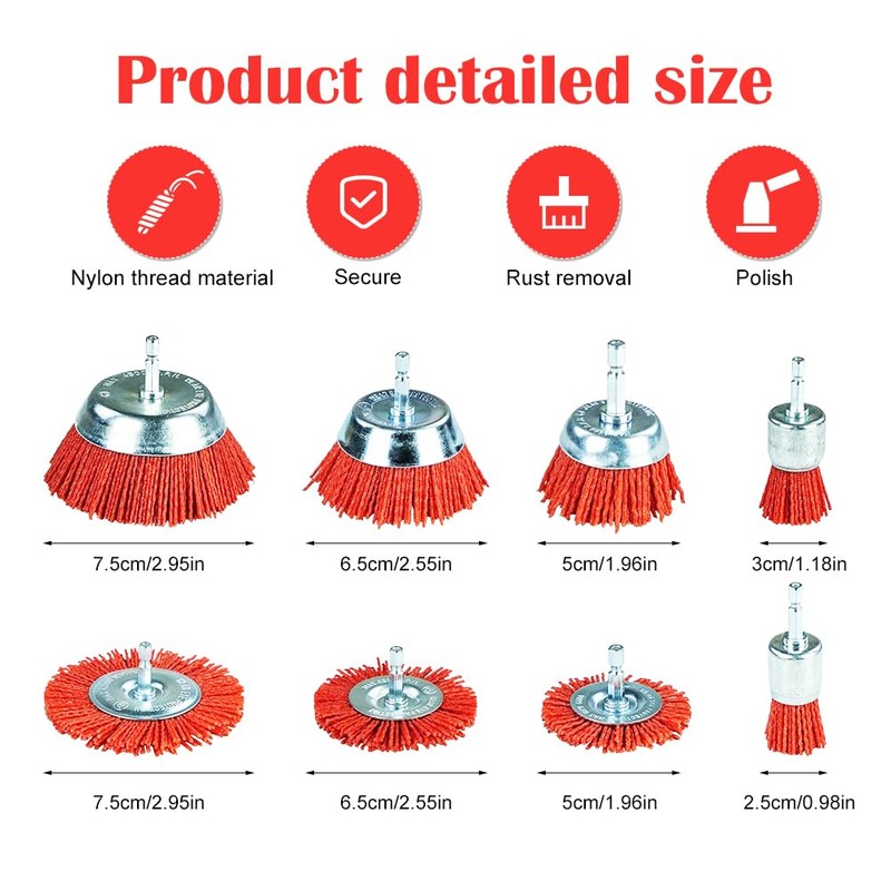 8-Piece Nylon Sanding Brush Set with 1/4 Inch Hex Shank,