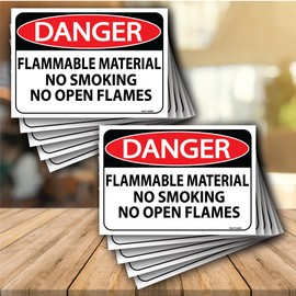(10 pack) Danger Flammable Material No Smoking or Open Flames Sign 7"x10" Self Adhesive Vinyl Sticker Decal Indoor/Outdoor For Storage, Gasoline, Diesel Fuel, Propane Gas, Flammable Liquid or