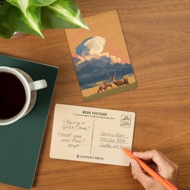 South Dakota, White-tailed Deer and Rain Cloud, Lithograph (4x6 Birch Wood Postcards, 2-Pack Stationary, Rustic Home Wall Decor)