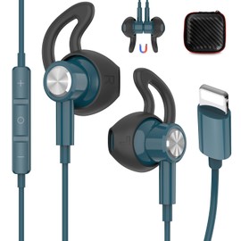 iMangoo for Apple Lightning Headphones MFi-Certified Wired Earbuds Blue | Magnetic Larger Ear Buds Earphones with Anti-Drop Tips Corded Headset Cord for iPhone 14 Plus 13 Pro Max 12 Mini 11 XS XR 8