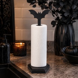 Gothic Bat Paper Towel Holder for Kitchen – Wooden Halloween Countertop Stand with Detachable Bat Topper for Spooky Decor
