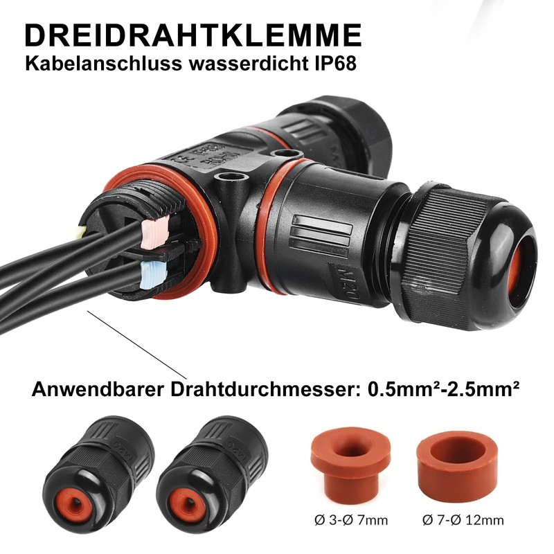 Cable Connector Waterproof 3-Pin IP68 Connection Sleeve Earth Cable Junction