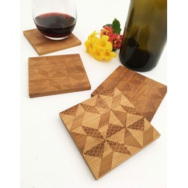 Drink Coasters by Built Quilt, Engraved Bamboo Wood, Neutral Color, Quilt Inspired Patterns, 3.75", Set of 4 with Felt Feet (Windblown Star, Square)
