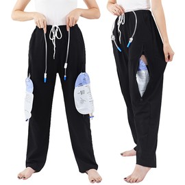 Siomlana Urinary Drainage Pants,Unisex Incontinence Care Trousers,Catheter Pants,Fistula Pants,Ostomy Drainage Bag Care Pants,Double Zippered Pockets Holding 2000ml Catheter Bags(Black,XL)