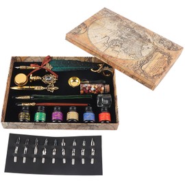Feather Pen Set European Style British Retro Lacquer Stamp Dipped in Water Quill Pen Set with InkDark Green