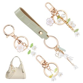 NBEADS 4 Pcs 4 Styles Flower Keychains, Cute Bag Purse Charms Lily of the Valley Keychains Leather Chains for Women Car Keys Handbag Backpack Pendants Decor