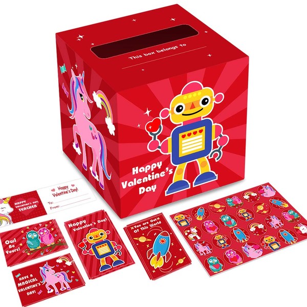 Valentines Day Cards for Kids and Mailbox for Classroom Exchange (1 Box, 36 Valentine Cards, 9 Teacher Card With 32pcs Stickers)