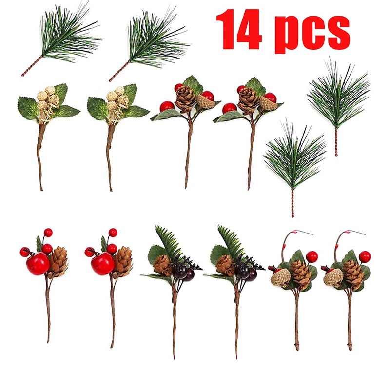 14pcs Christmas Floral Arrangement Artificial Pine Cones Berry Stems Decor