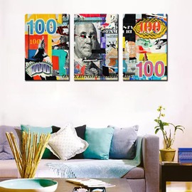 Tucocoo Doodle Dollar Bill Wall Decor Paintings 3 Panel Canvas Home Decor Giclee Framed Gallery-Wrapped Ready to Hang-60”X28”