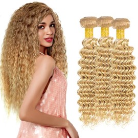 Peenoll Human Hair Bundles 8 10 12 Inch P27/613 Deep Wave Bundles Human Hair 100% Unprocessed Brown Blonde Human Hair Bundles for Black Women Soft Sew In Bundles Human Hair with Double Weft