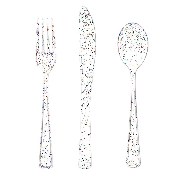 Supernal 360pcs Clear Plastic Silverware, Glitter Disposable Cutlery with Colorful Design,120 Forks,120 Knives,120 Spoons,Perfect for Parties Birthday