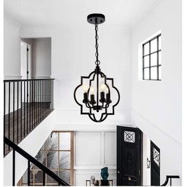 Riomasee Foyer Lantern Chandelier 4-Light Black Chandelier Farmhouse Pendant Light Fixtures for Dining Room,Living Room,Entryway,Hallway,Kitchen Lighting