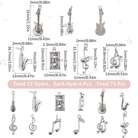 SUNNYCLUE 1 Box 72Pcs 12 Styles Silver Music Note Charms Musical Instrument Charm Tibetan Vintage Mini Microphone Recorder Symbol Charm for Jewellery Making Charms DIY Necklace Bracelet Earrings