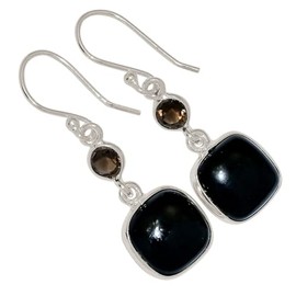 Black Onyx - Brazil & Smokey Topaz 925 Silver Earrings Jewelry ALLE-18526