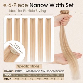 Elailite Real Hair Clip In Extensions Human Hair Double Weft 6 Pcs Seamless Highlights Hairpieces Straight Remy - #18/613 Ash Blonde Mix Bleach Blonde - 22 Inch 47g