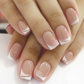 Acrylic Press on Nails Square White French Tip Short False Nails Nude Full Cover Artificial Nails Natural Glossy Fake Nails Daily Wear Simple Stick on Nails for Women 24 Pcs