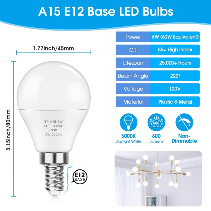 MAXvolador E12 LED 60W Equivalent Daylight White 5000K Ceiling Fan