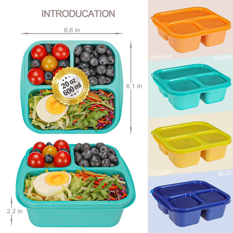Reusable Snack Containers with Lids, 3 Compartments Bento Snack Boxes,