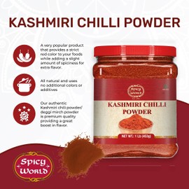 Spicy World Kashmiri Chilli Powder (Chili) 1 Pound Bulk Jar - 16 Ounce All Natural Deggi Mirch Powder