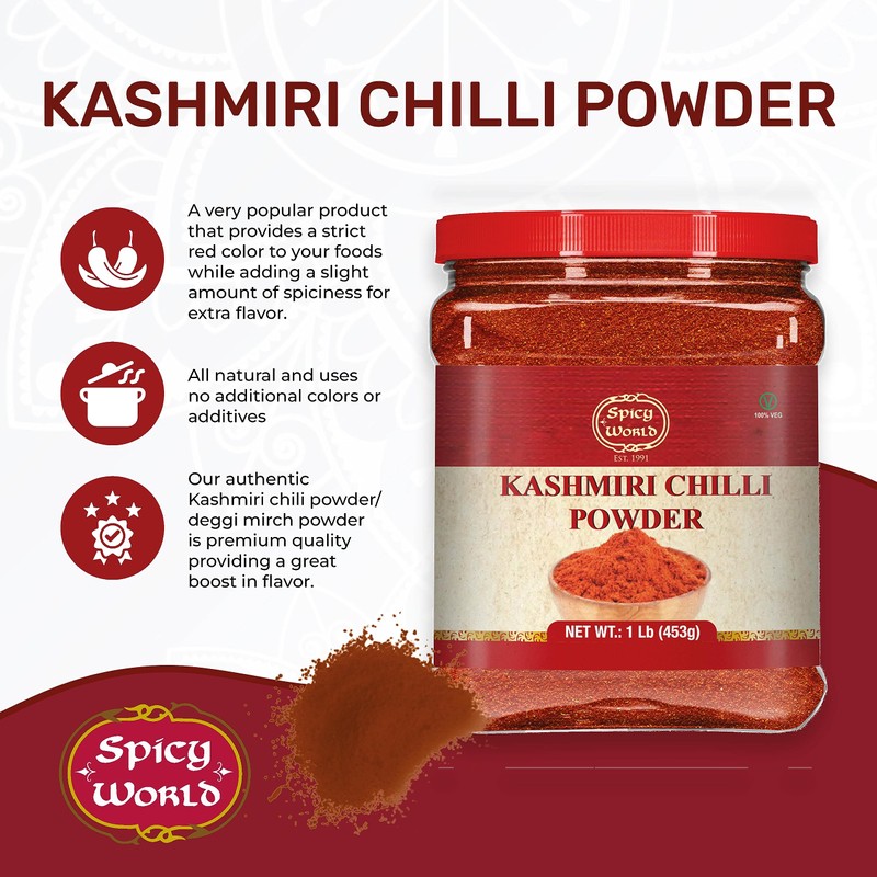 Spicy World Kashmiri Chilli Powder (Chili) 1 Pound Bulk Jar