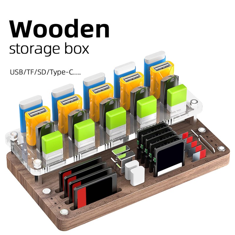 USB Organizer,40-Slots Wooden USB Flash Drive Case | TF Cards