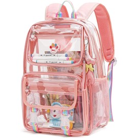Wonder Comfort Cute Clear Backpack, School Book Bag with Cartoon Stickers & Pendant,Waterproof and Durable PVC Material Backpack, 6" Dx 11.8" W x 17" H,Pink
