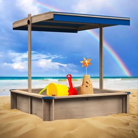 Wooden Sandbox with Canopy Cover, Retractable Design Outdoor Sand Play Set Garden and Beach Sandbox - Natural