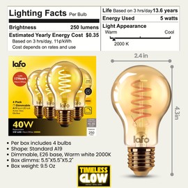 LafoHome TimelessGlow A19 LED Filament Bulbs, Spiral Filament, 40W Equivalent, Dimmable, 2000K Amber, 250 Lumens, CRI80+, Amber Glass, 15,000-Hour Life, E26 Base, ETL/FCC Certified (8 Pack)