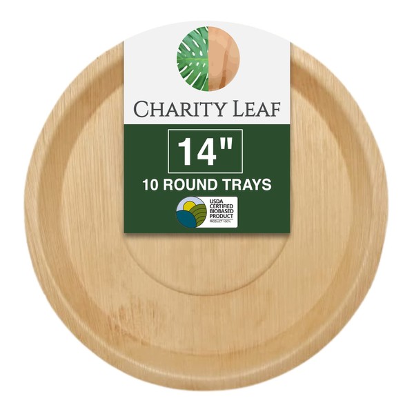 Charity Leaf Disposable Palm Leaf 14" Round Trays (10 pieces) Bamboo Like Serving Platters, Disposable Boards, Eco-Friendly Dinnerware For Weddings, Catering, Events