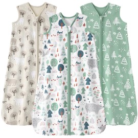 FIEMOL Baby Sleep Sack 0-6 months, 100% Cotton Sleeping Sack for Newborn and Infant, 3 Pack Baby Wearable Blanket for Boy and Girl, 0.5 Tog Lightweight Double Zipper Sleep Bag Green Apricot Bear