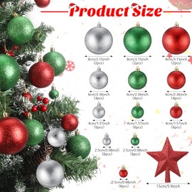 Outus 61 Pcs Glitter Christmas Tree Ornament Set Glitter Shatterproof Christmas Ball Ornaments Bulk Plastic Christmas Tree Star Topper for Xmas Tree Balls Holiday Party(Red Green Silver)