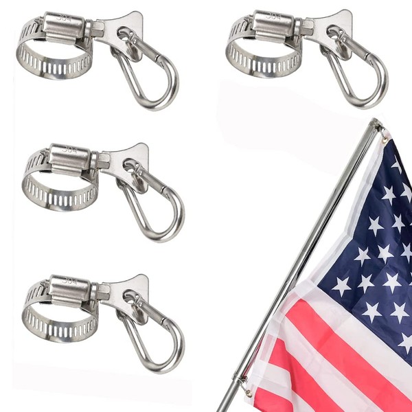 Kityemo Pack of 4 Stainless Steel Spring Clips Hooks for Flag Pole, 304 Stainless Steel Flagpole Accessories, Rotating Flapole Mounting Rings, High Performance Flag Pole Carabiner Hooks