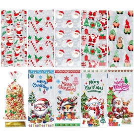 Hryxic Christmas Clear Treat Bags - 100 PCS Cellophane Santa Claus Goodie Candy Bags With Twist Ties for Party Favors Supplies - 9 Styles
