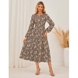 GRACE KARIN Womens 2025 Long Sleeve Floral Maxi Dresses Wedding Guest Long Dress Empire Waist A Line Flowy Dress Brown L