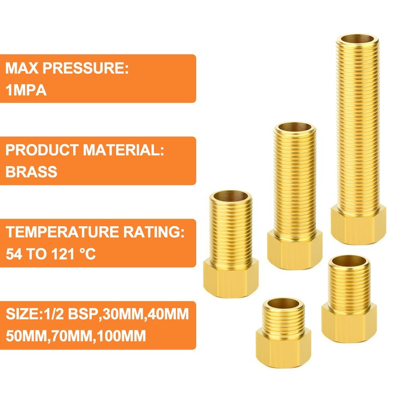 GASHER 5PCS Extension Brass Pipe Fitting, 1/2" Female to 1/2"