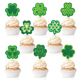 Dtzzou 32 Packs Glitter Shamrock Clover Cupcake Toppers Lucky Cupake Toppers for St Patrick's Day Irish Theme Party Favor Supplies