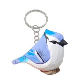 Blue Jay Keychain Ring Hook Clip Crested Jaybird Charm Miniature Wood Figurine