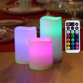 WRalwaysLX Flameless Candles with Timer, Color Changing LED Candles with Remote Control,Battery Candles Outdoor and Indoor Home Decor, Set of 3, 2.5" D X H3/4"/5" by 3AAA Batteries(not Included)